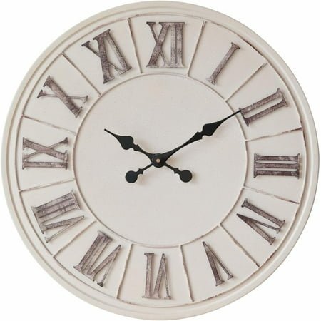 Large Farmhouse Wall Clock - 24 inch, Rustic Roman Numeral Big Wall Clock for Living Room Decor | Ivory White | Metal Face | Battery Operated