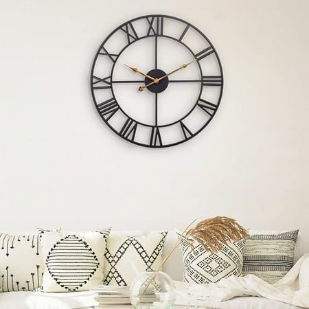 Large Metal Wall Clock, European Industrial Vintage Wall Clock With Roman Numerals, Silent Non-Ticking Hanging Clocks, Skeleton Wall Clock For Living Room, Kitchen, Bedroom (47Cm, Black) -Rot