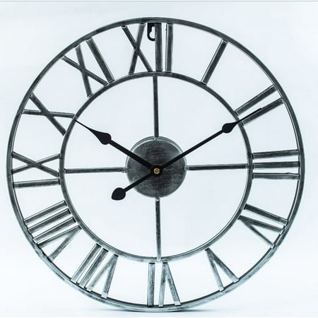 Large Metal Wall Clock, European Industrial Vintage Wall Clock With Roman Numerals, Silent Non-Ticking Hanging Clocks, Skeleton Wall Clock For Living Room, Kitchen, Bedroom (47Cm, Black) -Silber