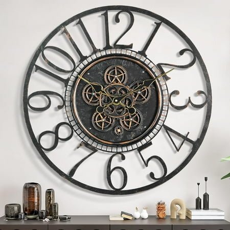 Large Moving Gear Wall Clock for Living Room Decor,Vintage Industrial Steampunk,Metal Wall Clock Decorative for Home Office, Dinning Room,Farmhouse(Bronze Copper,Arabic Number,30 INCH)