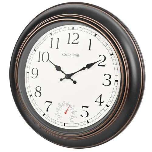 Large Outdoor Clock Waterproof 18" - Retro Indoor Outdoor Wall Clocks with Thermometer for Patio Pool Garden Living Room Decor,Bronze
