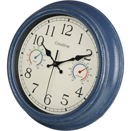 Large Outdoor Clock with Thermometer and Hygrometer Combo, Rustic Vintage Waterproof Indoor Outdoor Wall Clocks for Patio Pool Garden Home Decor- 16 Inch,Blue