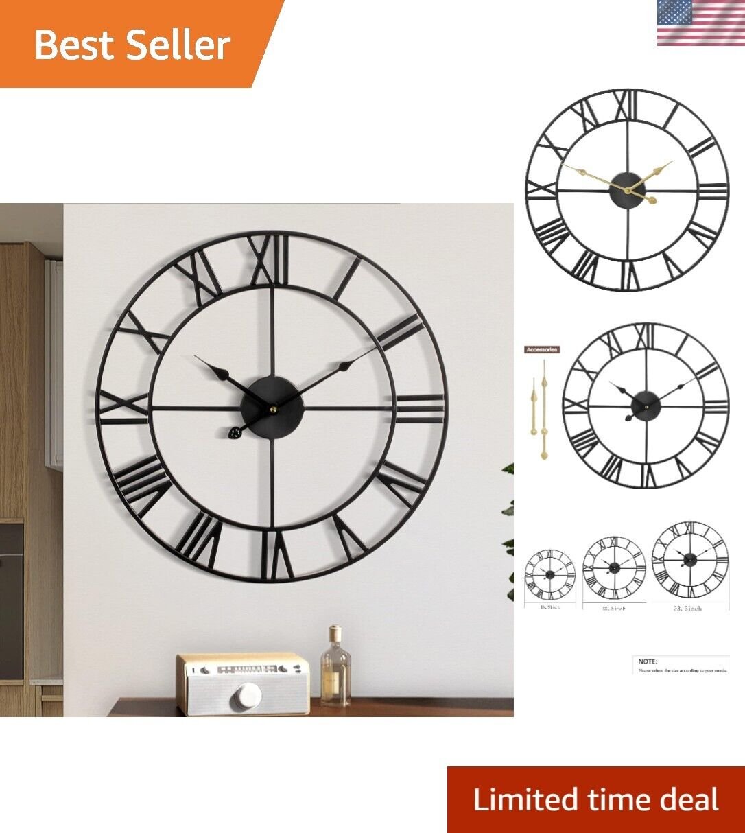 Large Wall Clock, Metal Retro Roman Numeral Clock, Modern Round Silent Wall C...