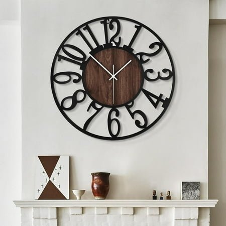 Large Wall Clocks,Silent,Non Ticking,Battery Operated Rustic Round Modern Big Wood Wall Clock for Living Room, Bedroom,Kitchen,Farmhouse,Office,Home Decor-16 Inch(Black-Arabic Number)
