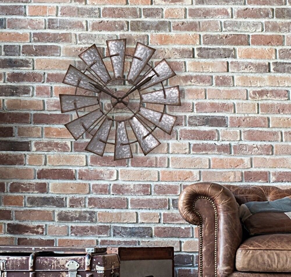Large Windmill Wall Clock ~ Rustic Metal Galvanized Farmhouse Decor ~ 22" Dia