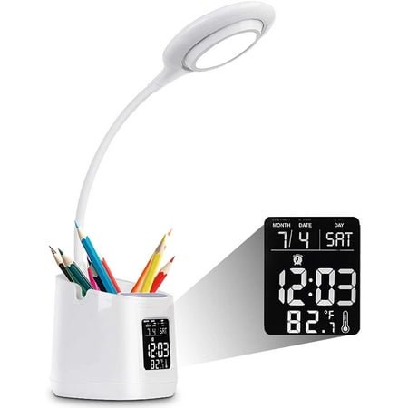 Led Desk Lamp, Usb Rechargeable Study Light, 3 Lighting Modes Stepless Dimmable Touch Control Table Lamp Alarm Clock, Calendar And Temperature Display Pen Holder Office Lamp