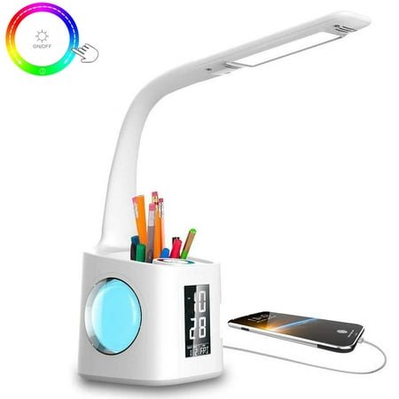 LED Desk Lamp with USB Charging Port, Night Atmosphere Lamp, Alarm Clock, Pen Holder, Calendar, 3-Level Dimmer Eye-Caring Table Lamp for Study,Read,Office