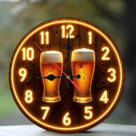 Led Neon Beer Clock Wall Decor for Home Bar 10-Inch Silent Wooden Wall Clock, Battery Operated (AA Batteries Not Included), Artistic Home Decor