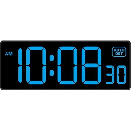 LED Wall Clock Digital Clock with Seconds, Electric Plug in Large Big Numbers Clock 5 Dimmers Wall Mount for Living Room, Auto DST, 10 Inches (Blue)