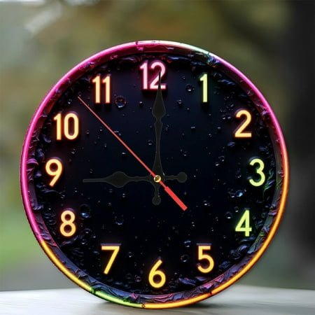 LED Wall Clock with Colorful Neon Display 10-Inch Silent Wooden Wall Clock, Battery Operated (AA Batteries Not Included), Artistic Home Decor