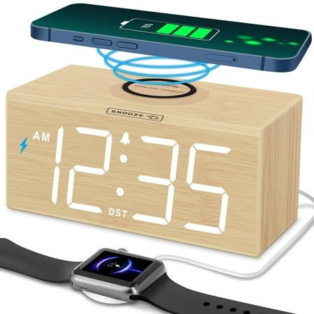 LIZZ DreamSky Wooden Digital Alarm Clock with Wireless Charging for Bedroom, Bedside Nightstand Clock with Charger Station, USB Port, Large Numbers, Adjustable Volume, Brightness Dimmer, DST