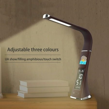 LOPNGLS Stylish and Functional Rechargeable USB LED Desk Lamp with Touch Dimming Alarm Clock Calendar Temperature Display and Eye Protection - Perfect for Reading and Studying at Your