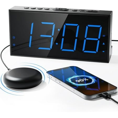 Loud Alarm Clock with Bed Shaker, Vibrating Alarm Clock for Heavy Sleepers Hearing Impaired Deaf Teens, Dual Alarms with 7.5’’ Large LED Display, USB Charger, Dimmer, Snooze & Battery Backup