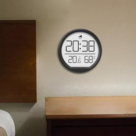LOVIVER Digital Alarm Clock Wall Clock Round 7.4cm Battery Operated Versatile 12/24H with Temperature and Humidity for Office Stylish Black