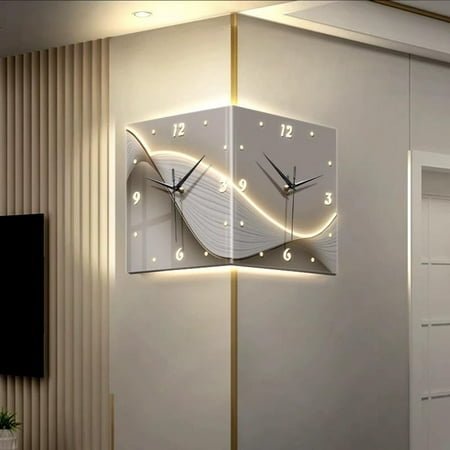 Luxury Corner Wall Clock with Light, Double Sided Corner Wall Clock, Sensor Luminous Corner Wall Clock with Numeral Scale LED Charging Operated Silent Wall Clock(E1)
