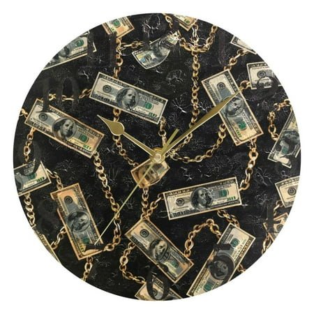 Luxury Dollar Bill Chain Wall Clock 9.8 inch Battery Operated Clocks Non-Ticking Silent for Bedroom Office Kitchen Living Room(Gold)
