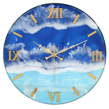 Luxury Epoxy Resin Wall Clock – Handmade Wooden Wall Art Clock with Gold Roman Numerals – Ocean-Inspired Decorative Clock – 12” Round