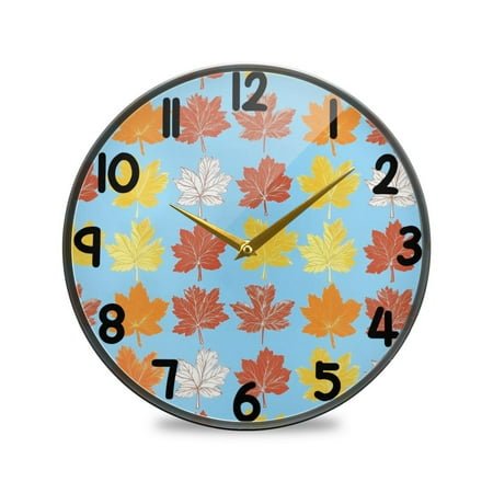 Maple Leaf Print Light Green Pink Lines Round Acrylic Wall Clock Silent Battery Operated Home Decor for Living Room Bedroom