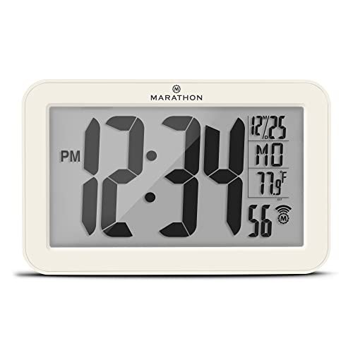 MARATHON Atomic Wall Clock, Canvas White - Large 9-Inch Display - AM/PM or 24-Hour Time, 8 Time Zones, Indoor Temperature, Day & Date - Two AA Batteries Included