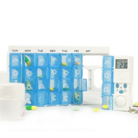 Masteelf Weekly Pill Organizer with Loud Alarm and Removable Timer for Travel and Medication Blue Size 7 Days