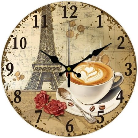 MDF Printed Wall Clock for Home Living Room Bedroom Decoration Flat Round Eiffel Tower 300mm
