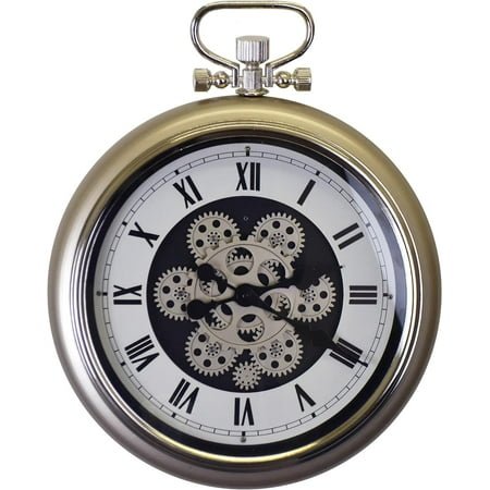 Metal Skeleton Pocket Watch Wall Clock with Numerals and Actual Moving Gears