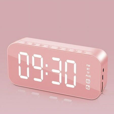MINKUROW Digital Alarm Clock Radio LED Clock Mirror Display Wireless Bluetooth Speaker Digital Mirror Radio Alarm Clock USB Charging Port (Pink)