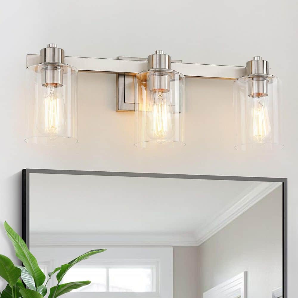 Modern 22.4 in. 3 Light Brushed Nickel Bathroom Vanity Light with Clear...