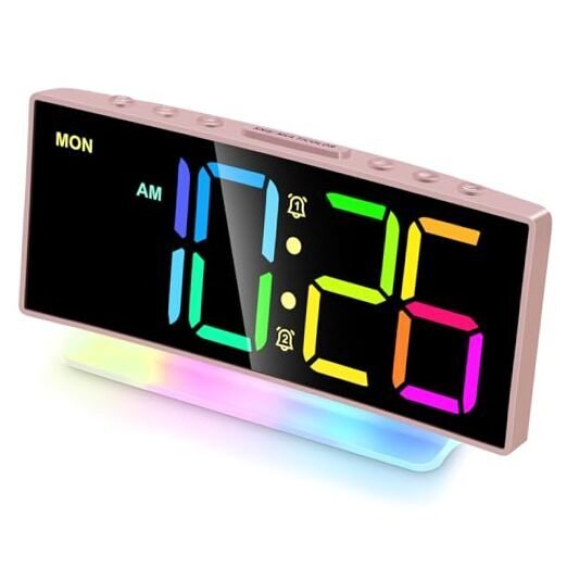 Modern Curved Cute Digital Alarm Clock,Colorful Led Pink+dynamic