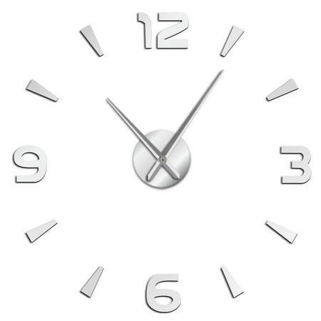 Modern Interior Frameless Wall Clock Stickers, DIY Modern Decorative Clocks for Living Room, Bedroom, Office - Easy to Install, Large 3D Clock Design (Silver,47in)