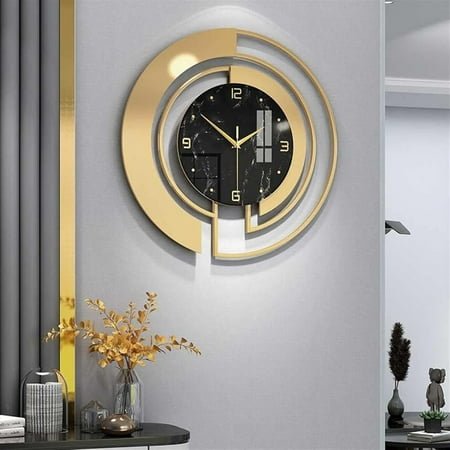 Modern Light Luxury Wall Clock, Fashion Round Metal Decorative Wall Clock Creative Glass Dial Silent Non Ticking Battery Powered Art Home Decor for Living Room Bedroom Kitchen Office, 18 in(Black)
