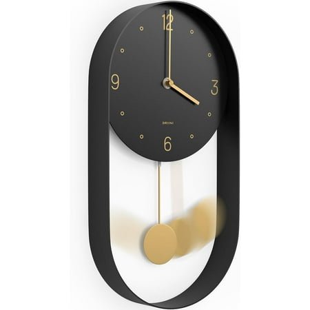 Modern Pendulum Wall Clock, Decorative and Unique Metal Frame, with 8 Inch Face - Contemporary, Minimalist Design, with Silent Battery Operation - Includes Both Black and Gold Pendelum