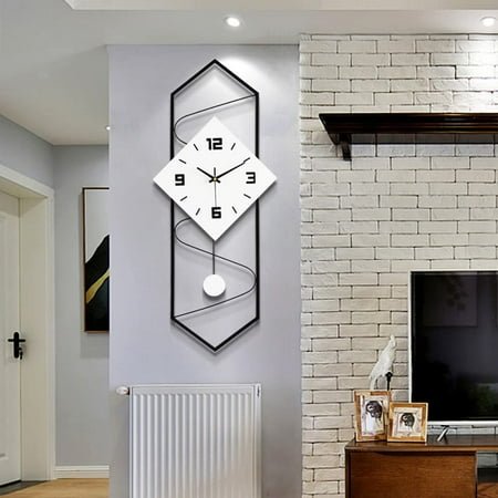 Modern Pendulum Wall Clock with Silent Movement, Metal+Solid Wood Wall Decor Clock Wall Clocks for Living Room Decor,Bedroom, Office Space, Black and White