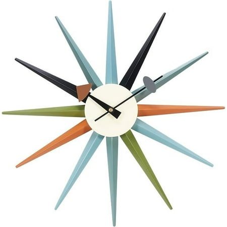 Modern Sunburst Clock in Multicolor, Non Ticking Wooden Mid Century Retro Design Decorative Silent Wall Quartz Clocks for Home, Living Room, Office and Bedroom etc.