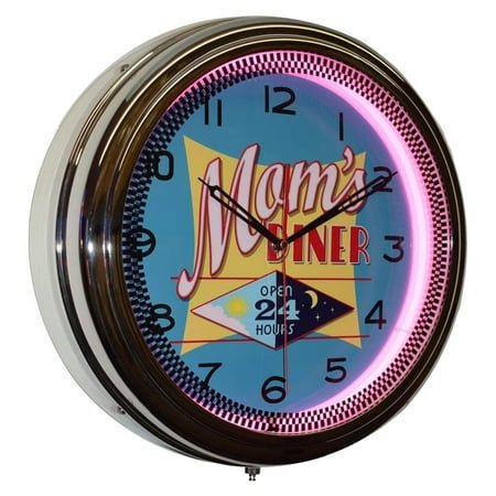 Moms Diner Open 24 Hours Neon Decor Clock, , Vintage Style