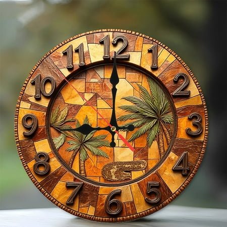 Mosaic Palm Tree Wall Clock 10-Inch Silent Wooden Wall Clock, Battery Operated (AA Batteries Not Included), Artistic Home Decor