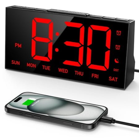 Mpow Alarm Clock for Heavy Sleepers, Digital Alarm Clock for Bedroom, Adjustable Brightness, Customizable Alarms, Automatically Dim at Night, Progressive Volume,DST, Alarm Clock for Kids Adults Red