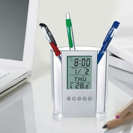 Multi-Functions Desk Pen Holder LCD Display Alarm Clock Thermometer Calendar