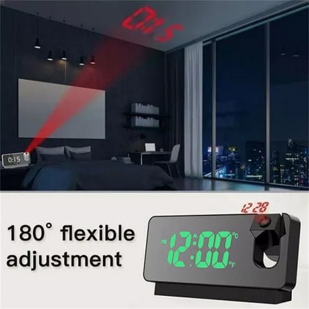 Multi Functional Digital Projection Alarm Clock with 7 LED Display,Temperature Humidity Alerts,USB Charger,Double Alarms,180° Adjustable Ceiling Projection