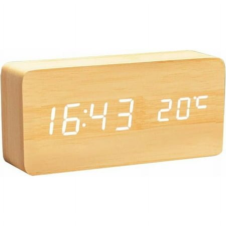 Multifunctional Wooden Digital Clock LED Alarm Clock Voice Control Suitable for Home White Light Made of Bamboo Wood