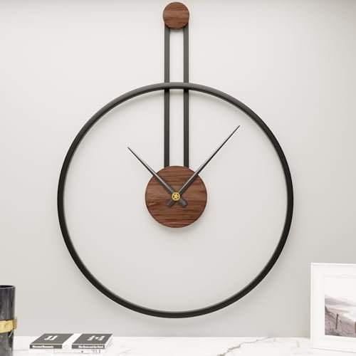 MuZi famlily 24.4×18 Inch Large Modern Metal Farmhouse Oversized Decorative Wall Clocks for Living Room,Big Minimalist Black Wall Clock with Elegant Natural Walnut Dial for Office,Dining Room