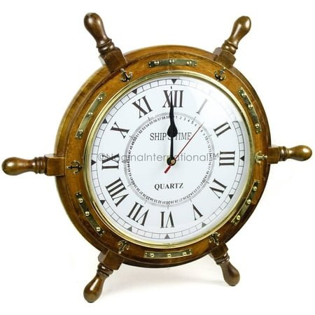 Nagina International Maritime Brass Anchor Strip Studded Beautiful Rosewood Premium Nautical Ship's Wheel Time's Clock | Great Authentic Home Decor (16 Inches)