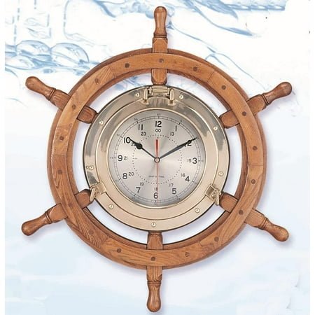 Nagina International Nautical Ships Wheel with Porthole Clock Deluxe