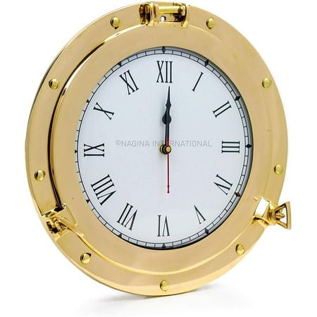 Nagina International Premium Nautical Brass Porthole Clock | Pirate Ship's Elegant Metal Roman Dial Face Wall Clock | Home Decorative Gifts (8 Inches)