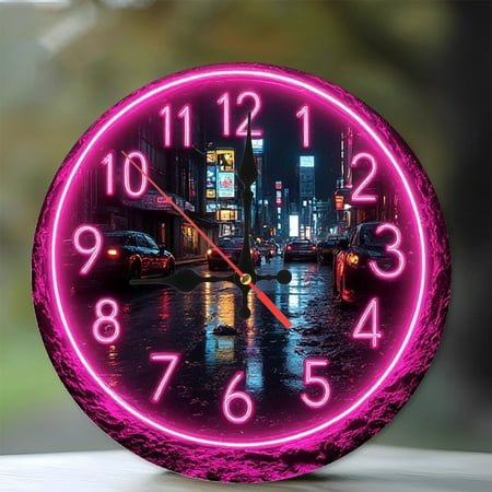 Neon Cityscape Pink Clock Wall Decor 10-Inch Silent Wooden Wall Clock, Battery Operated (AA Batteries Not Included), Artistic Home Decor