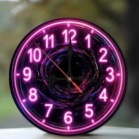 Neon Clock Wall Art Pink Purple Starry 10-Inch Silent Wooden Wall Clock, Battery Operated (AA Batteries Not Included), Artistic Home Decor