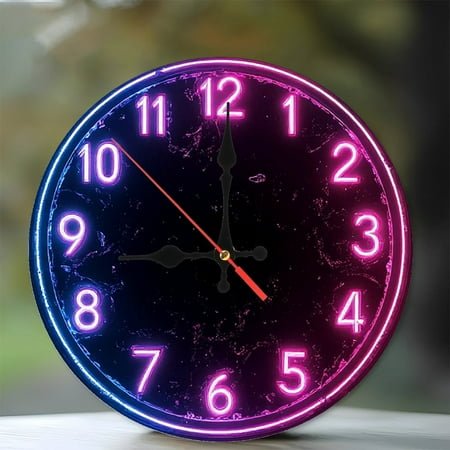 Neon Clock Wall Decor Purple Pink Glow 10-Inch Silent Wooden Wall Clock, Battery Operated (AA Batteries Not Included), Artistic Home Decor