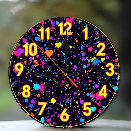 Neon Colorful Heart Clock Wall Decor 10-Inch Silent Wooden Wall Clock, Battery Operated (AA Batteries Not Included), Artistic Home Decor