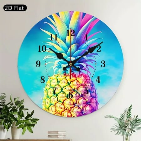 Neon Pineapple Wall Clock Silent Non Ticking Wall Clocks Battery Operated Round Wall Decor for Bathroom Kitchen Bedroom 10 in
