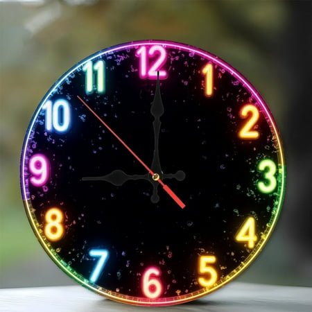 Neon Rainbow Wall Clock Light Home Decor 12-Inch Silent Wooden Wall Clock, Battery Operated (AA Batteries Not Included), Artistic Home Decor